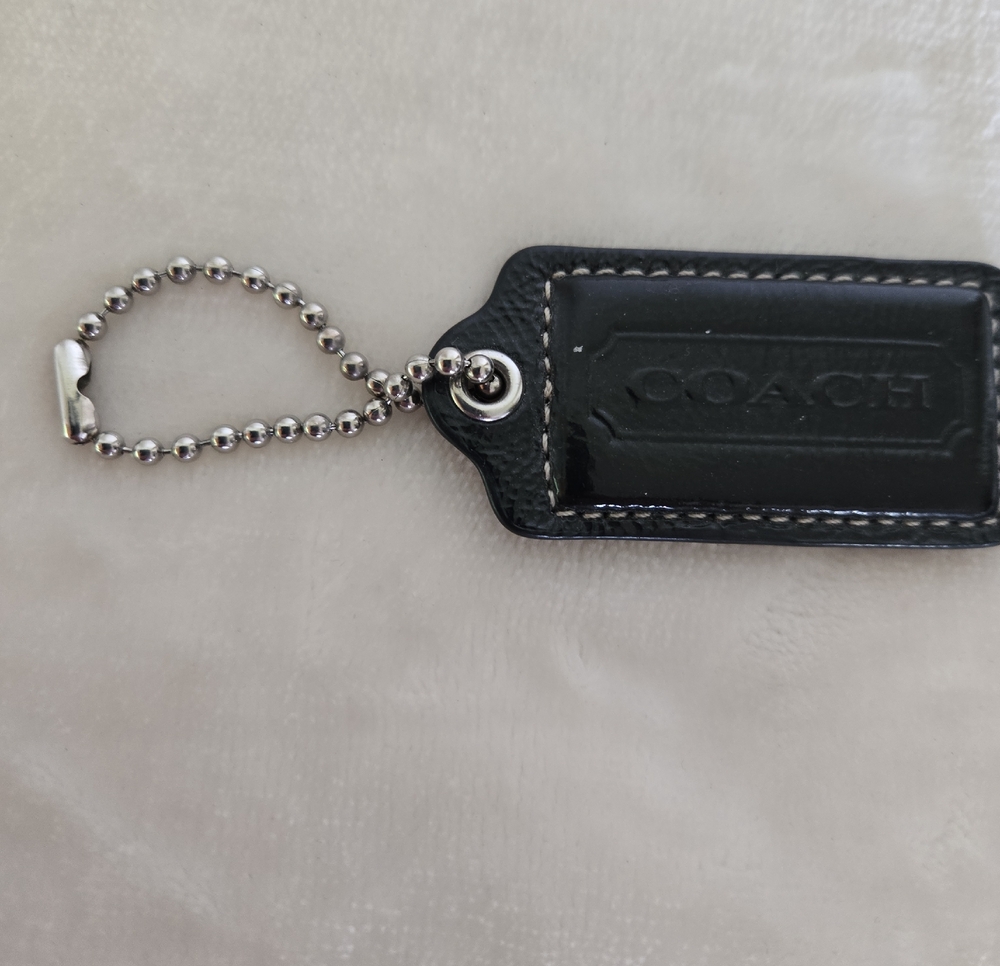 Coach Black Leather Tag Key Chain with Silver Ball Chain